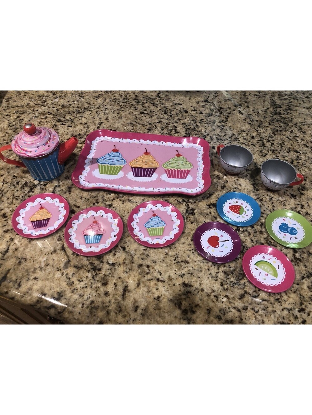 Schylling Cupcake Tin Tea Set 2012 #14190V Teapot Tray Cups Plates Pretend Play